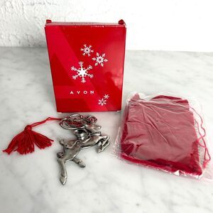 Avon Pewter Christmas Ornament 2006 Reindeer Red Rhinestones Velvet Bag & Box
